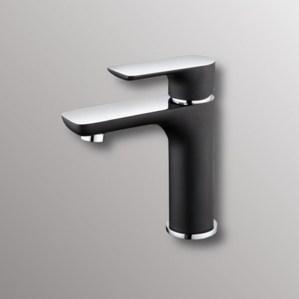 deck mounted faucet in black and white